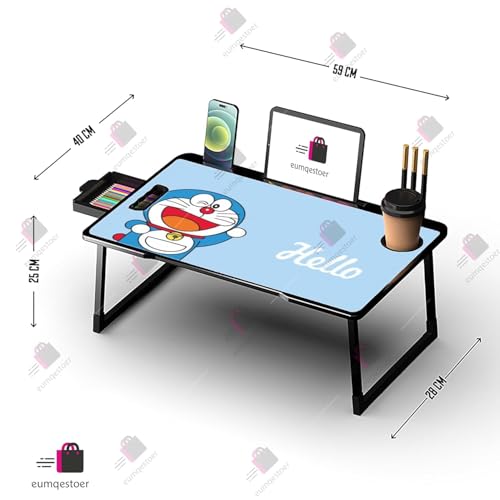 Image of Trailbrix Stylish Multi-Purpose Portable Laptop Table, Foldable Wooden Desk for Bed Tray, Laptop Table, Study Table with Mug Holder, Ergonomic, Non-Slip Legs in Bed Table (COTTED, DORAMON)