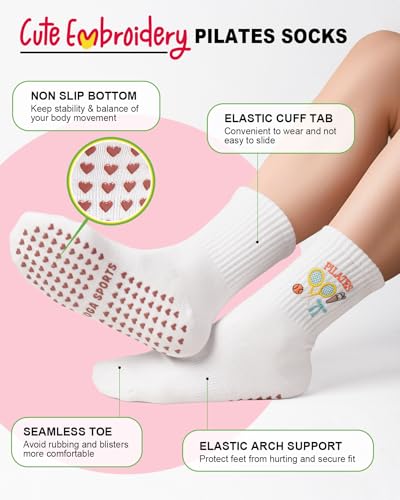 Image of Pilates Socks for Women, Non Slip Grip Socks for Yoga, Barre, Hospital, Grippy Socks Womens Gifts, 4 Pairs