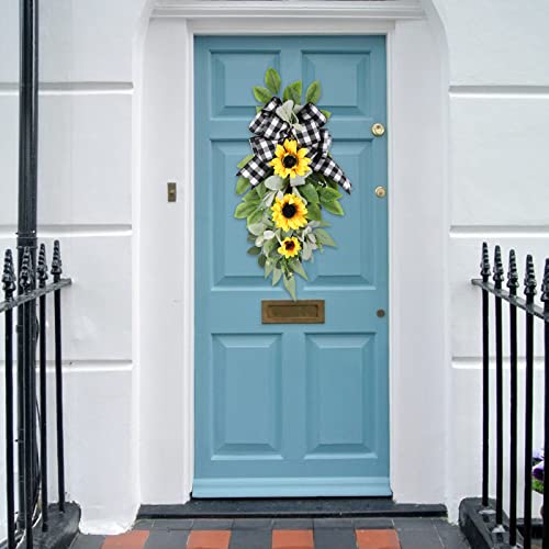 Sunflower Swag For Front Door, Large Spring Summer Door Swag Wreath, Sunflower Buffalo Check Decor, Welcome Wreath For Porch Farmhouse #TOP1
