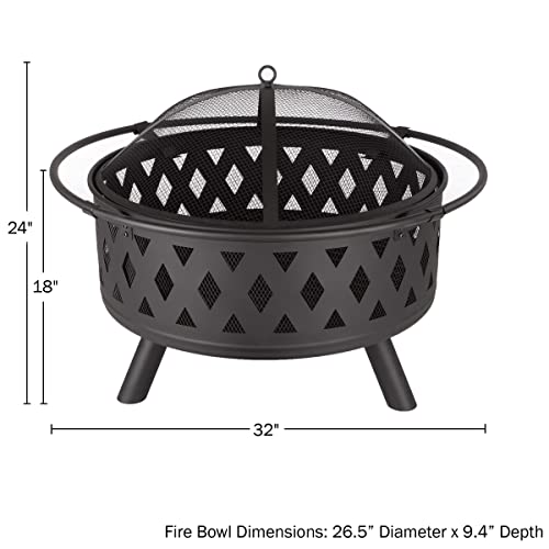 Fire Pit Set, Wood Burning Pit - Includes Screen, Cover And Log Poker - Great For Outdoor And Patio, 32 Inch Round Crossweave Firepit By Pure Garden #TOP1