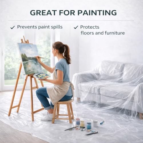 Image of GREEN LIFESTYLE Plastic Drop Cloths for Painting 12 x 9 ft [6 Pack] - Waterproof Paint Drop Cloth, Plastic Sheets Floor Cover, Disposable Tarp for Furniture Protection, Remodeling and Moving