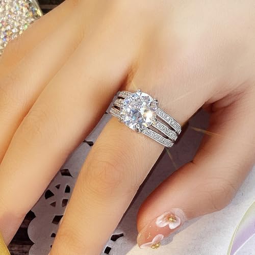 White Gold Plated Round Cubic Zirconia Inlaid Elegant Three-layer Six-prong Engagement Rings Wedding Bridal Band Promise Rings Evening Parties Anniversary Valentine's Day Gifts Eternity Bands for Women4