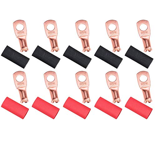 RockDIG 10-Pack Gauge 6-5/16 Wire Lugs, Battery Cable Ends, Bare Copper Eyelets Tubular Ring Terminal Connectors with Heat Shrink(Black, Red) (10 Pack, 6 AWG - 5/16