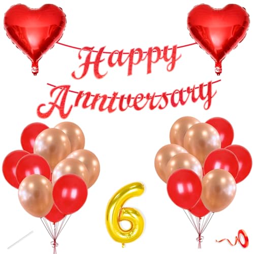 Image of Flyloons 6th Happy Anniversary Decoration Items Red Rose Gold for Men Women Husband Wife Mom Dad Parent Couple Home Bedroom Car With 20 Pcs Metallic Balloons Anniversary Banner 2 Pcs Heart Set Kit