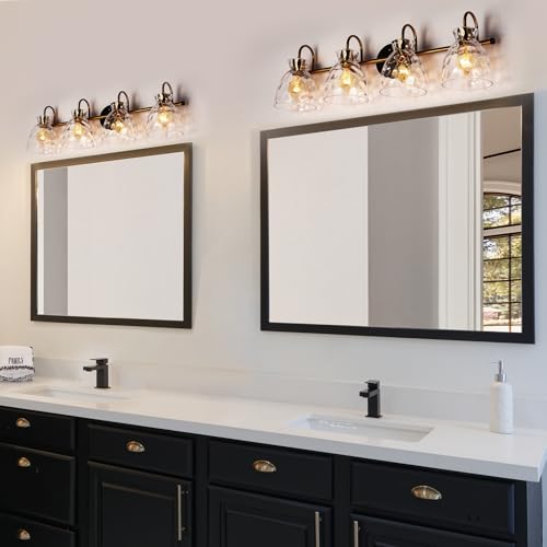 Image of KSANA Bathroom Light Fixtures, 31 inch Large Vanity Lights Over Mirror 4 Light Bathroom Lighting with Textured Glass Mid-Century Modern Vanity Light for Dressing Room, Powder Room