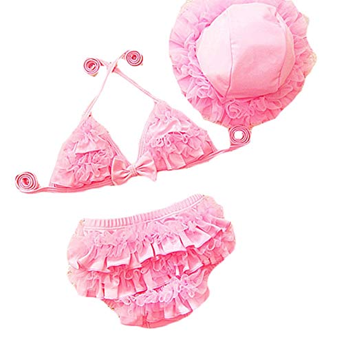 Zeroest Swimsuit for Baby Girl 6-24 Months with Hat Cute Lace Bikini 3 Piece (S, Pink)
