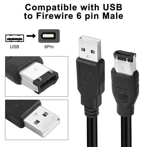 MEIRIYFA Firewire 1394 6 Pin auf USB Adapterkabel, Firewire IEEE 1394 6 Pin Stecker auf USB 2.0 Typ A Stecker Datenübertragungs Konverterkabel für Drucker, Digitalkamera, Scanner, Festplatte - 1.8M