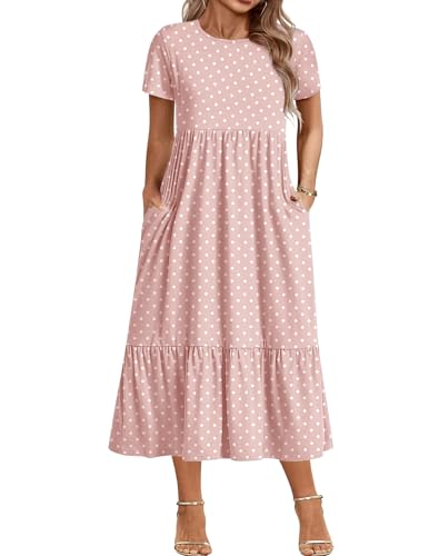 Image of IN'VOLAND Women Plus Size Short Sleeve Dress Loose Plain Casual Summer Flowy Tiered Long Maxi Dresses with Pockets
