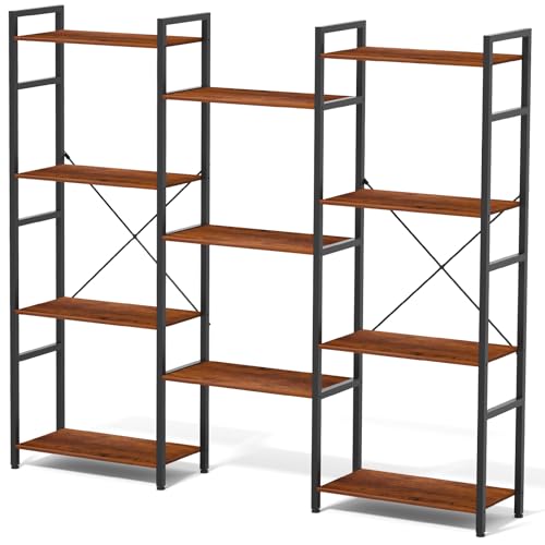 Zhitians Triple 4 Tier Bookshelf, Tall Book Shelf with 11 Open Display Shelves, Adjustable Industrial Bookcase in Living Room, Bedroom, Wide Metal Bookshelf Book Case for Home & Office, Rustic Brown by Zhitians - Used condition - US$53.29