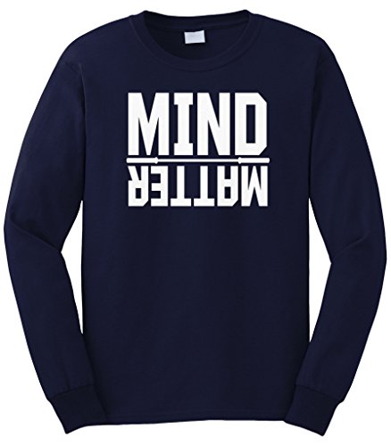 Cybertela Men's Mind Over Matter, Motivational Workout Long Sleeve T-Shirt (Navy Blue, Large)
