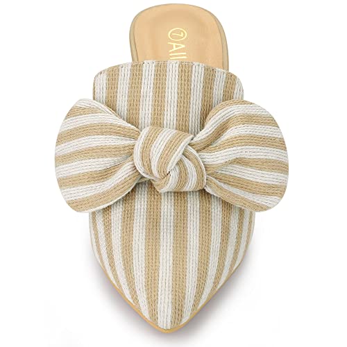 Allegra K Allegra K Women's Stripe Bow Pointed Toe Block Heel Beige Slides Mules 9 M US