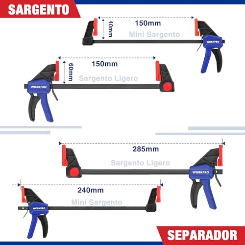 Miniatura 3 de Workpro - Juego De 6 Abrazaderas De Una Mano, 150 Mm, Fuerza De Sujeción, 22,5 Kg 68 Kg, Envergadura 150 Mm, 4 Convencionales Y 2 Mini Bridas Para Una Fijación Precisa Y Carpintería