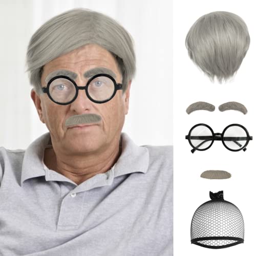 Anogol Hair Cap+ 4 pcs Set Old Mens Wig for 100 Days of School Costume Grandpa Wig Short Grey Wig For Halloween Cosplay Party Peluca (1 Glasses+ 1 Eyebrow+ 1 Mustache)