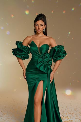 Fokissy Strapless Satin Prom Dresses Ruched Formal Evening Gown with Slit2