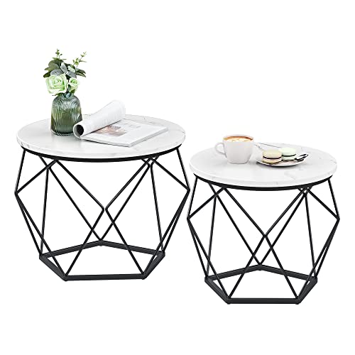 VASAGLE Small Coffee Table Set of 2, Round Coffee Table with Steel Frame, Side End Table for Living Room, Bedroom, Office, Marble White and Ink Black by VASAGLE - Used condition - US$54.34