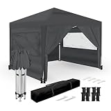 Wasabi - Carpa Plegable 3x3m – 4 Paredes Laterales – 4 Bolsas de Arena, Piquetas y Cuerdas de Fijación – Saco de Transporte - Pérgola de Nylon – Cenador para Jardín Exteriores Camping Fiestas (Gris)