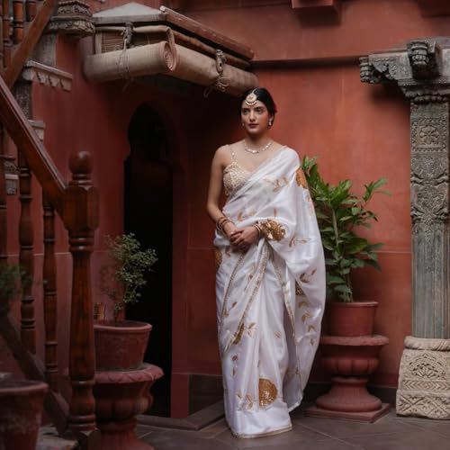 Image of Yashika Women's Organza Satin Butti Work With Zari Lace Border Embroidered Saree| Women Sari