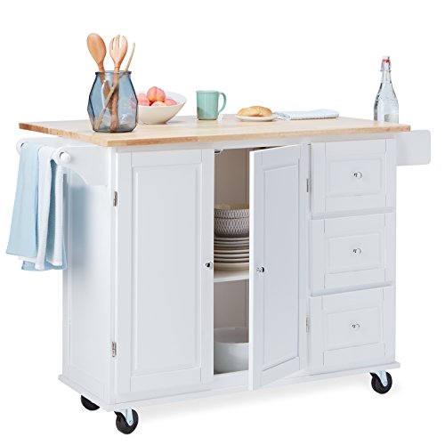 Mattsglobal Traditional Chrome Metal 3-Drawer Drop Leaf Kitchen Cart (White/Natural Kitchen Cart) #TOP5