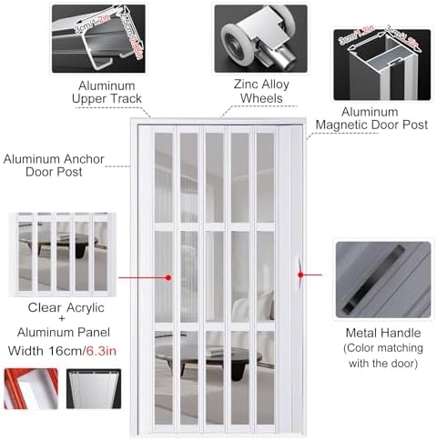 Clear Folding Accordion Doors for Doorways, Aluminum & Acrylic Sliding Room Divider, 24-60 Inch Widths, Ideal for Office & Bathroom, Multifold Interior Door (Red, 30x80in)