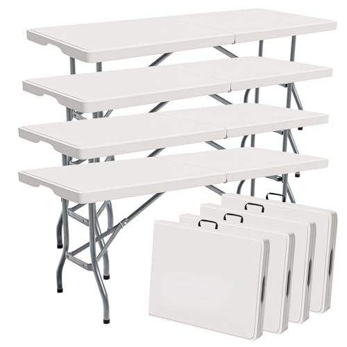 KAMCY 6ft Table Large Folding Table White Folding Table with Portable Carrying Handle 6ft Heavy Plastic Foldable Table for Party, Wedding, Events, Dining, Camping, Picnic Indoor (White, 4 Pcs)