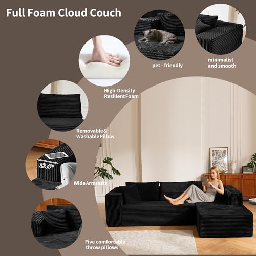 Image of 110 inch No Assembly Compression Boneless in a Box Cloud Sectional Couches for Living Room L-Shape Couch Sleeper Sofa, Modern Modular Corduroy Reclining Comfy Fluffy Memory Foam Furniture for Home Black