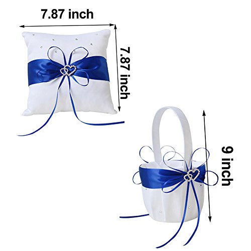 Amajoy 2Pcs Wedding Set White Satin And Royal Blue Flower Girl Basket And Ring Pillow Set With Double Heart Rhinestone Decor #TOP1