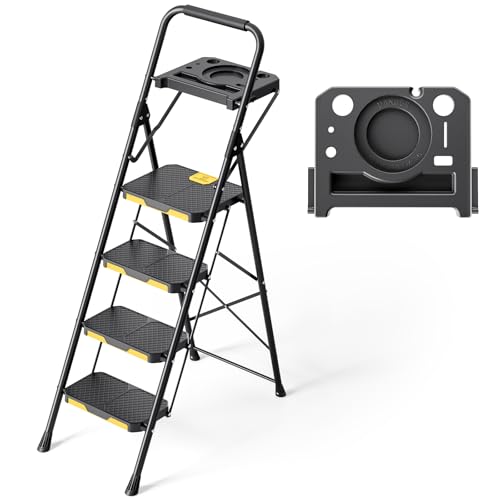 KINGRACK Escabeau 4 Marches avec Plateau à Outils, Escabeau Pliable Large Pédale Antidérapante, Marche Pied avec Mains Courantes, Échelle Domestique pour Maison, Cuisine, Garde-Manger, Placards, Noir