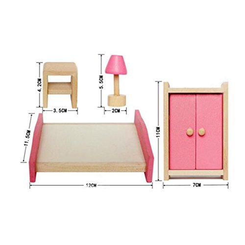 Wooden Dollhouse Furniture Set Including Kitchen Bathroom Bedroom Kid Room for Dollhouse Pink Color - Thumbnail 4