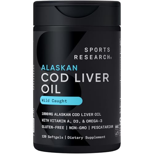 Sports Research® Omega-3 Wild Alaskan Cod Liver Oil 1000mg with Vitamins A (1000 IU) & D3 (400 IU) - Burpless, Bovine Free, Non-GMO, & MSC Certified Sustainable - 120 Softgels