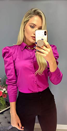 Camisa Feminina Manga Longa Bufante Social Executiva (M, Fúcsia)