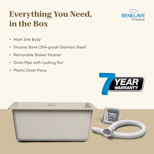 Image of Benelave by Hindware BLACP91010 Quartz Sink 21x18 for Kitchen | Single Bowl | White Color | Better Sound Absorption for Quieter Use | 7-year Manufacturer Warranty