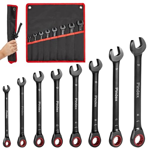 Pindex 8 Ringmaulschlüssel Set mit Ratsche, Ratschenschlüssel Set 8 10 12 13 14 15 17 19 mm, Gelenk-Ratschenschlüssel Satz mit 72 Zähne, Ringschlüsselsatz mit Ratsche