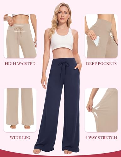 Image of Showitty 1 /3 Pack Women's Wide Leg Pants with Pockets, Casual Loose Pajama Palazzo Trousers Sweatpants for Yoga Lounge