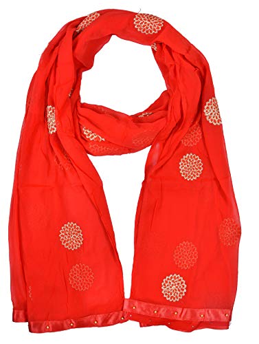 Image of YOUTHQUAKE Golden Floral Embroidery Work Chiffon Dupatta for Womens & Girls with Fancy Moti Lace