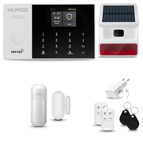 HUXGO® HXA005 Sistema di allarme casa senza fili con radio Sirena esterna solare WiFi + GSM | Impianto allarme casa kit con 1x sensori di allarme per finestre/portes, 1x rilevatori di movimento