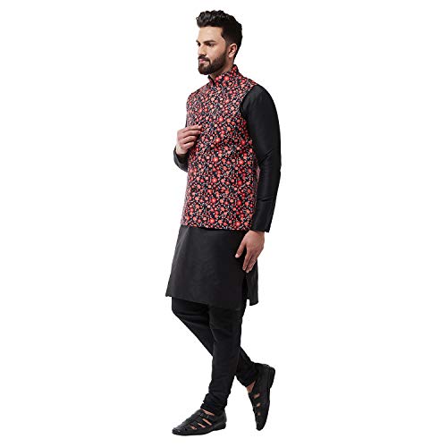 Image of SOJANYA (Since 1958 Men's Silk Blend Black Kurta Pyjama & Printed Nehrujacket Combo