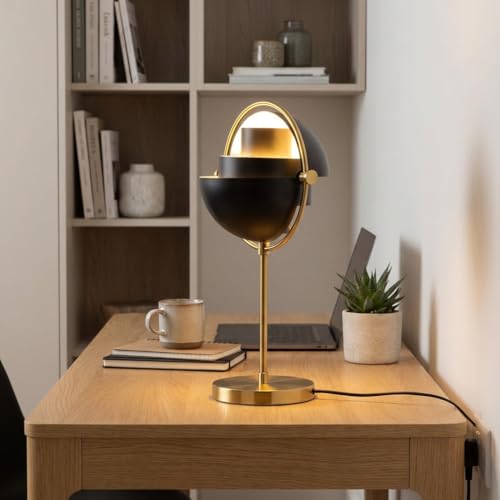 BARCELONA LED Candeeiro de Mesa MONROE com Abajur Preto e Corpo Metálico Dourado Cobre, Estilo Industrial Vintage e Moderno, Candeeiro de Leitura em Ferro para Escritório ou Mesa de Cabeceira