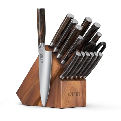 Yatoshi 15 Piece Knife Block Set - Pro Kitchen Knife Set Ultra Sharp High Carbon Stainless Steel with Ergonomic Handle