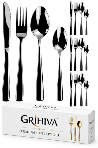 Image of 16 Pcs Black Mirror Polish Stainless Steel Cutlery Set for Dining Table with Spoons and Forks Set + Butterknives - The Perfect Tableware /Flatware