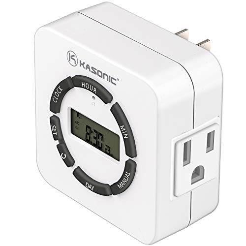 Kasonic Digital Timer Outlet, 7 Days Heavy Duty Programmable Light Timer; Indoor Use; ETL Listed with 2 AC Plug Capacity for Electrical Outlets, Lights, Lamps (White)