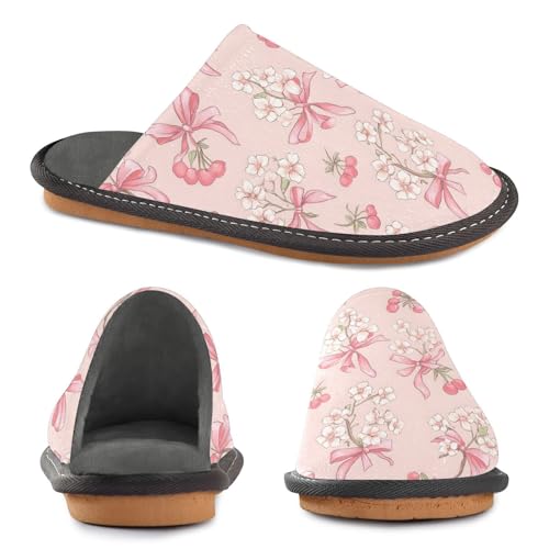 Slippers for Women Pink Flower Berry Bow Pattern Soft Winter Warm Shoes Indoor Outdoor Non-Slip House Travel Slippers4