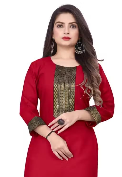 Image of Women Straight Woven Design Cotton Blend Round Neck 3 /4 Sleeve Kurti Only