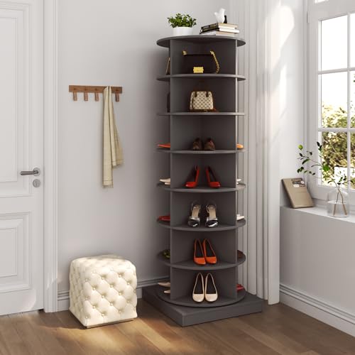 Gnrolaz 360 Rotating Shoe Tower, 7-Tier Vertical Corner Shoe Rack, Free Standing Spinning Rack Holds 28 Pairs for Entryway, Living Room, Hallway (7-Tier, Grey)
