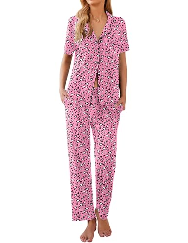 Image of Ekouaer Womens Pajamas Set Short Sleeve Button Down Top & Pants Lounge Pjs | Soft Sleepwear with long pants, ideal for Home relaxation, Wedding, Party, Daily Wear & Breastfeeding