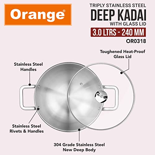 Image of Orange Stainless Steel Triply 3 pc Combo Cookware Set | (Kadai 3ltr, 24cm) & (Fry pan 1.5ltr, 22cm) with Glass lid | Induction Friendly | 2.5mm Thickness | 5Year Warranty | Silver