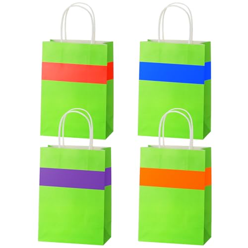 Epakh 24 Pcs Turtle Cartoon Themed Gift Bags with Handles Green Purple Red Orange Blue Party Favors Candy Goodie Treat Bags for Birthday Party Supplies(Green Turtle)