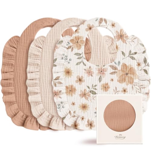 Image of Konssy 3-Pack Muslin Baby Girl Bibs, 100% Cotton with Ruffle Trim | Ultra Soft & Absorbent, Baby Essentials for Drooling and Teething, for Newborn, Infant & Toddler 0-36 Months