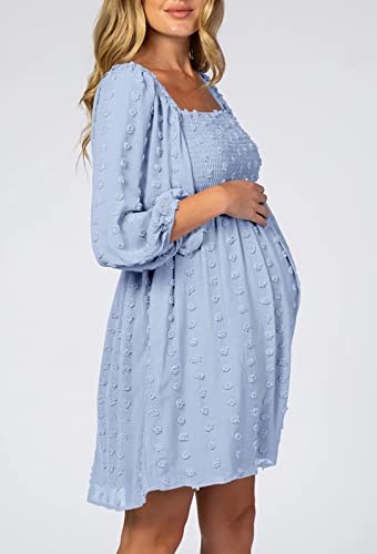 Ofenbuy Women's Long Sleeve Maternity Dress Square Neck Swiss Dot Casual Loose Short Dresses Light Blue #TOP2