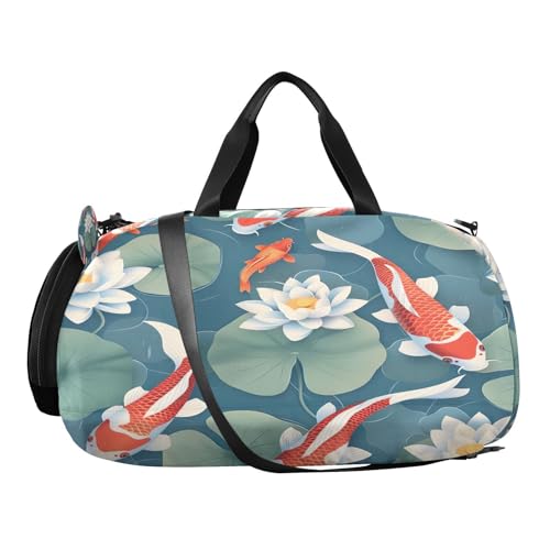 YETTASBIN Sport Travel Duffel Bag for Girls Boys, Koi Fish Lotus Large Waterproof Weekender Overnight Bag, Detachable Shoulder Strap Gym Bag with Shoe Compartment & Wet Pocket2