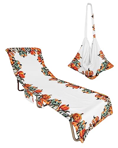 Colorful Pumpkins, Beach Lounge Chair Towel Cover, Soft Chaise Lounge Towel with Side Pockets Patio Pool Chairs Cover for Beach/Pool Sunbathing 29x85 Thanksgiving Boho Fall Painted Dot Stripes